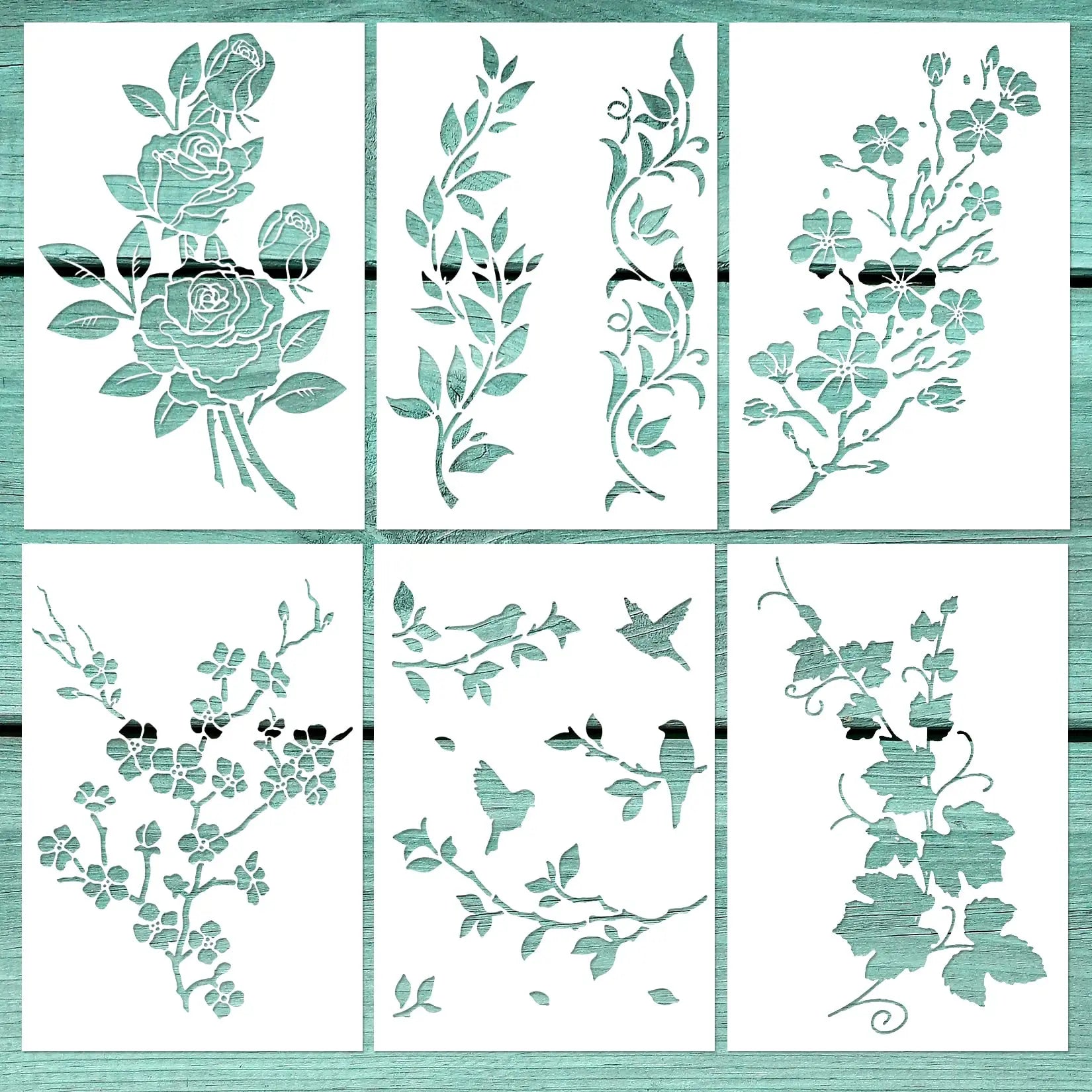 6 PCS A4 Vine Leaf Rose Stencil Cherry Blossom Stencil Bird Tree Branch Stencils Reusable Floral Flower Template