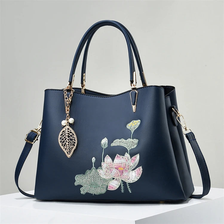 Top Trending Deep Blue College Large Quilted Girl Floral Embroidery Tote Hand Bag