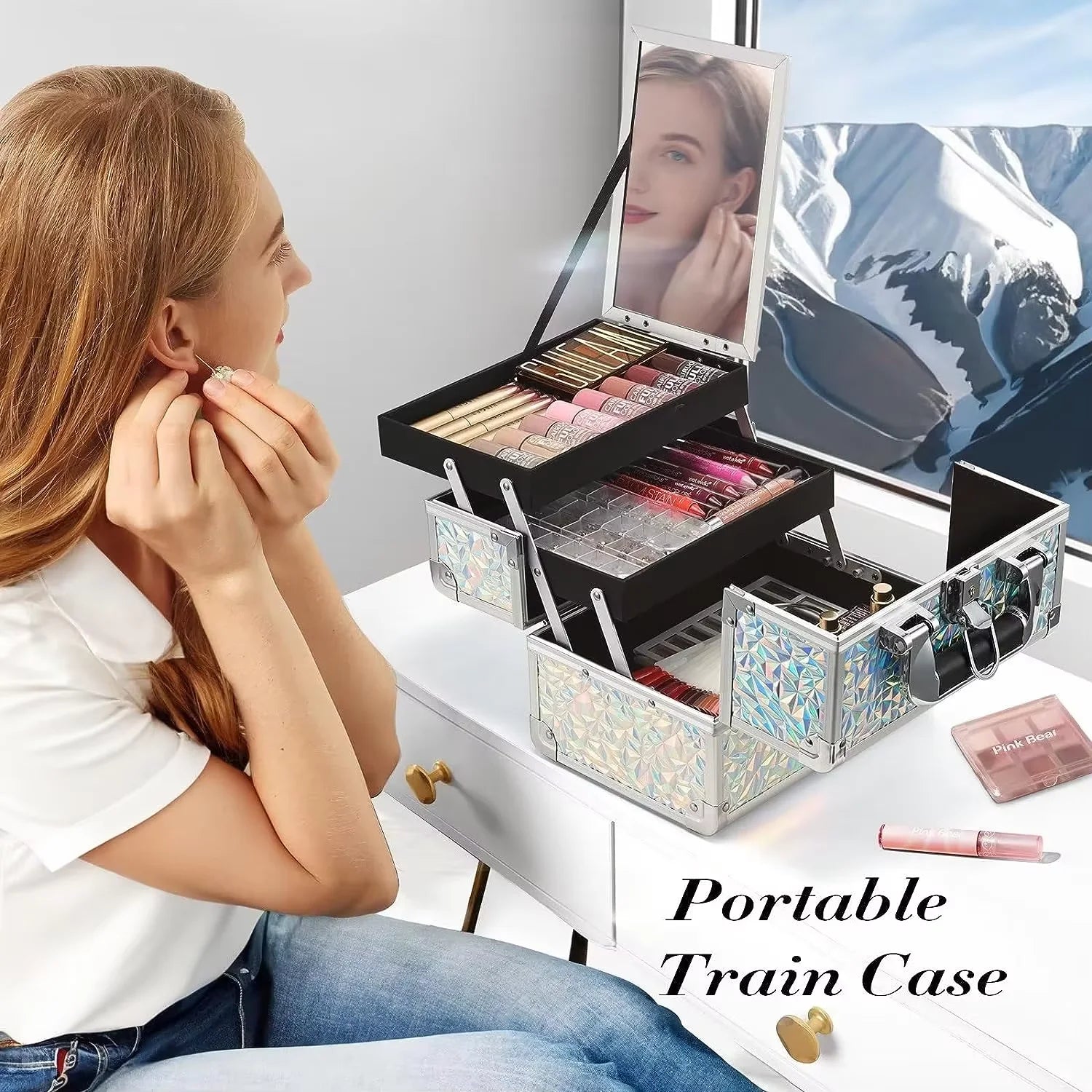 Custom Cosmetic case with Mirror Portable Large-capacity Professional Cosmetics Storage case with Tray Makeup case