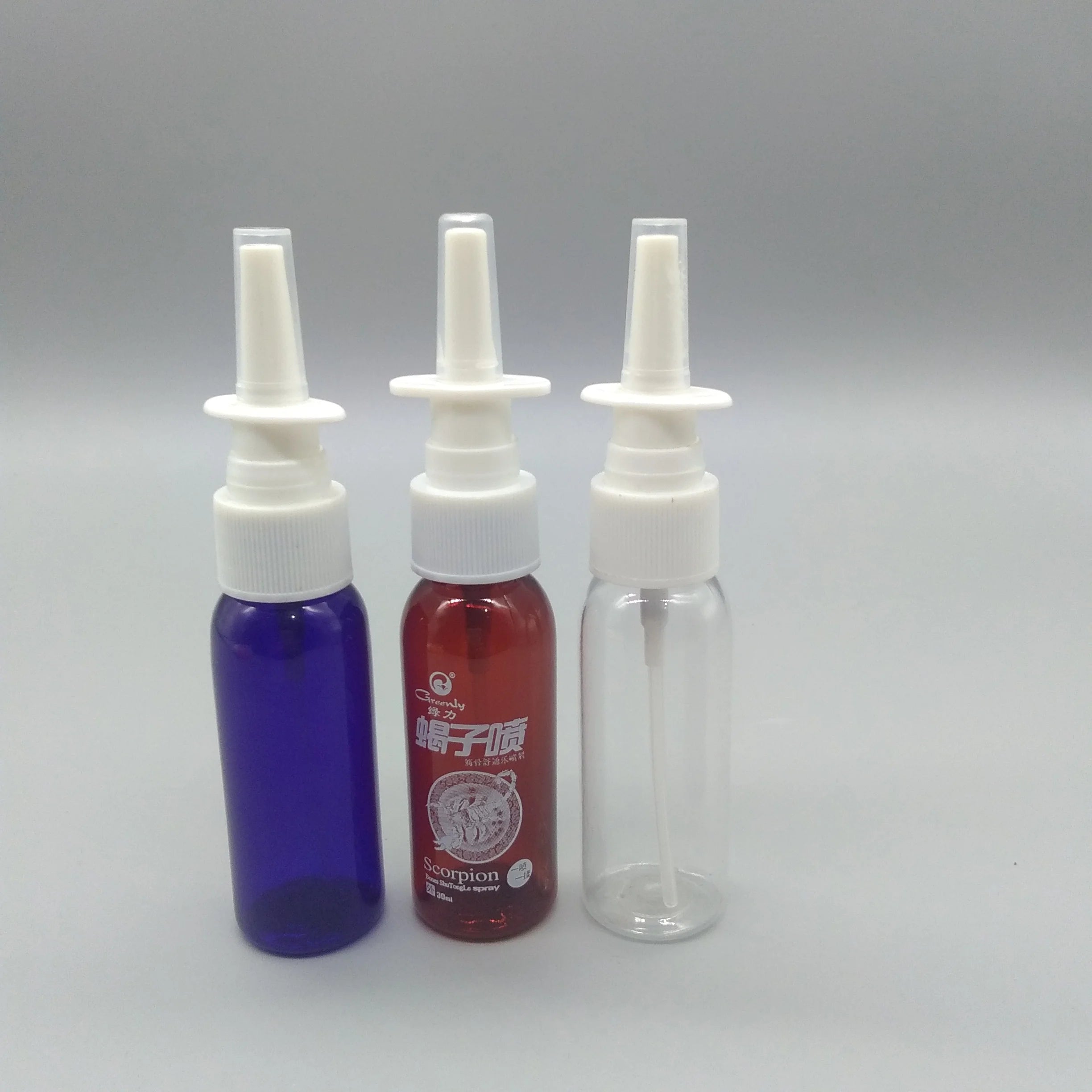 Pink Blue White 1oz 30ml PET Round Plastic Nasal Spray Bottle with Long Nozzle Dust Cap for Liquid Personal Care Packaging