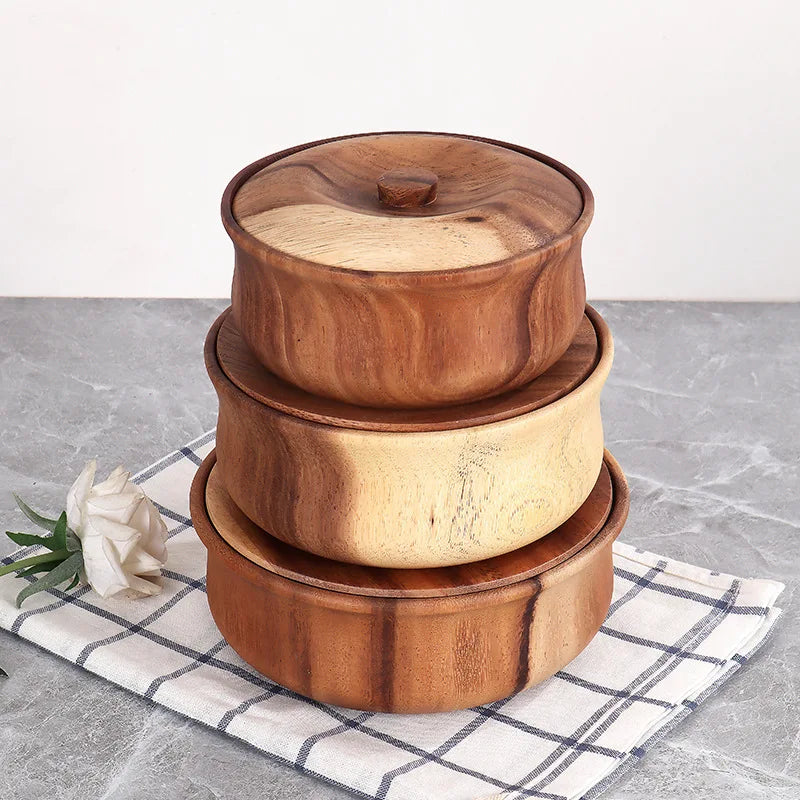 Japan Wooden Bowls Large Ramen Bowl With Lid Acacia Round Wood Salad Bowl