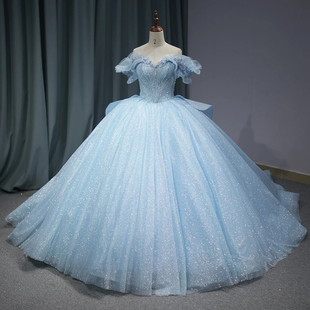 Jancember 1279 Glitter Off Shoulder Sweetheart Blue Long Party Women's Dresses