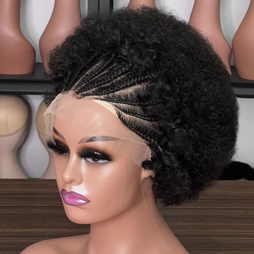 Weiqi Hair Cheap Braid Hair Front Perruque Short Pixie Cut Wig Natural Black 13x4 Full Frontal Afro Pixie Wig for Black Women