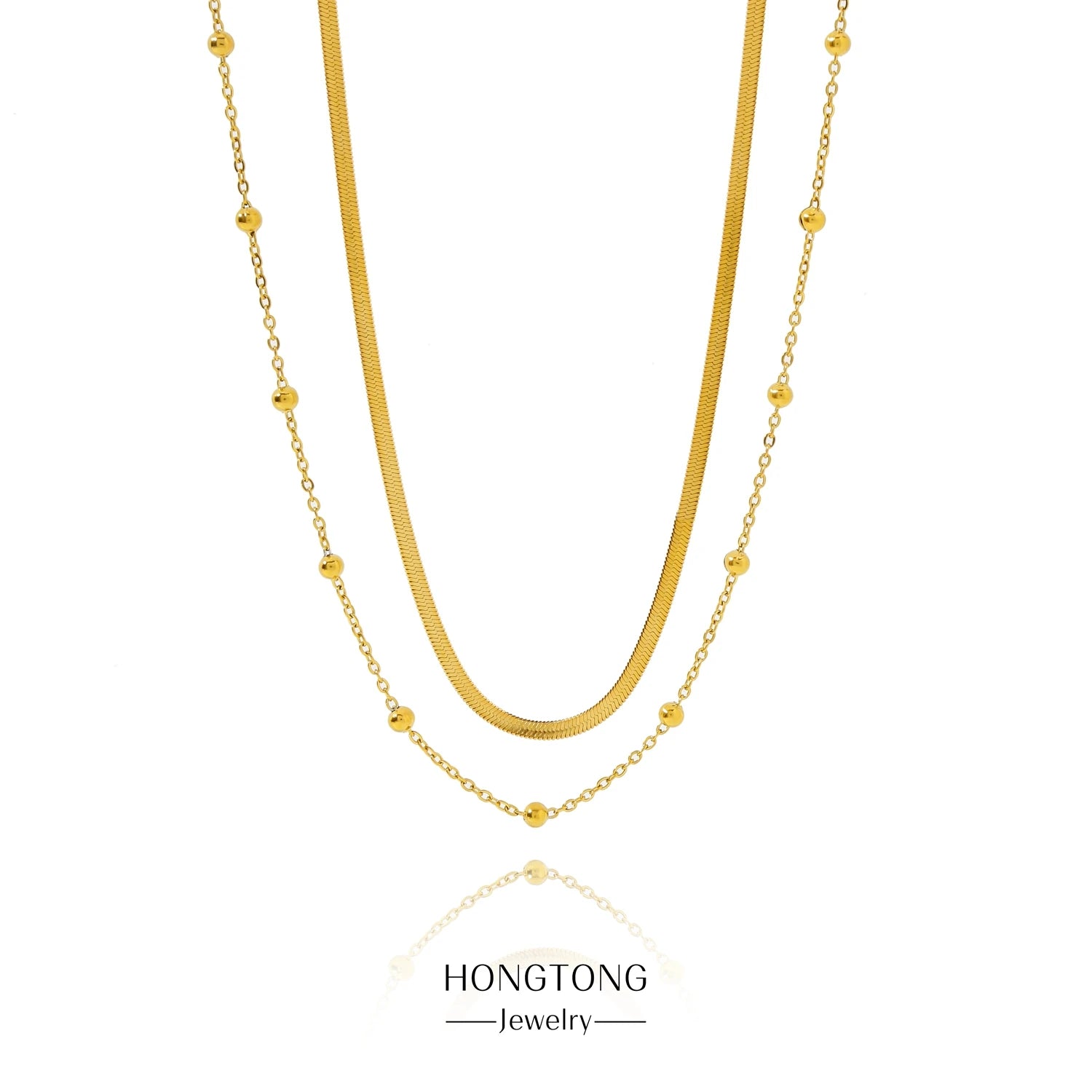 Double Layer Necklace Stainless Steel Chain Choker for Women 18K Gold Plated Snake Bead Chain Link Necklaces