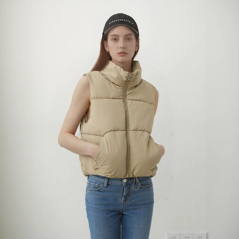 Warm Fashion Relaxed Crop Quilted Vest With Stand Collar for Winter Daily Casual Layering