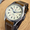 Tandorio 39mm Pilot Watch NH35 PT5000 Mechanical Men Watches Field Watch Cream White Dial Steel Bracelet Screw Back Black Hand