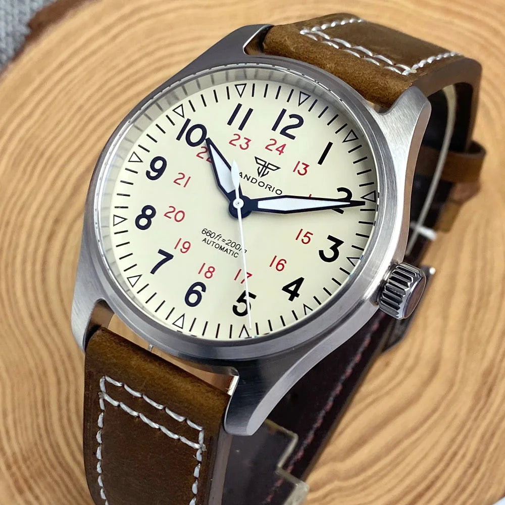 Tandorio 39mm Pilot Watch NH35 PT5000 Mechanical Men Watches Field Watch Cream White Dial Steel Bracelet Screw Back Black Hand