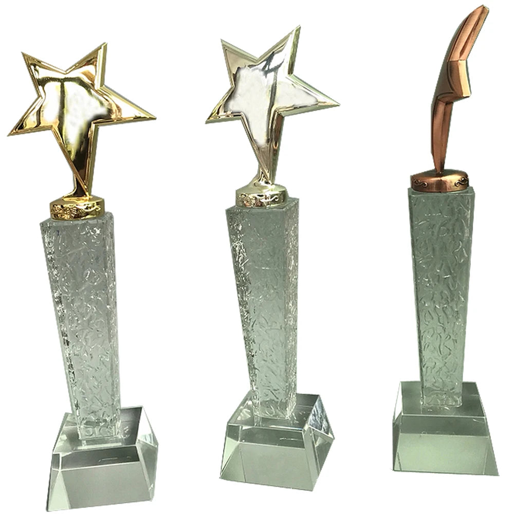 Factory Sale Custom Glass Trophy with Metal Star Cheap Customizable Crystal Award with Metal Blank for Trophies Medals & Plaques