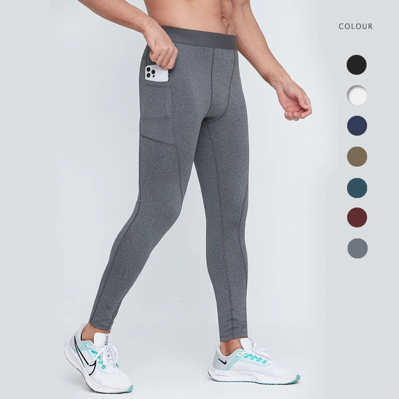 Men's Summer Gym Fitness Training Leggings Quick Dry Skinny Stretch Pants with Side Pocket Stretch Baselayer