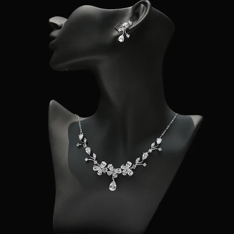 Women's Trendy Silver White Clear Cubic Zirconia Butterfly Earrings Necklace Jewelry Set Third Party Certified for Weddings