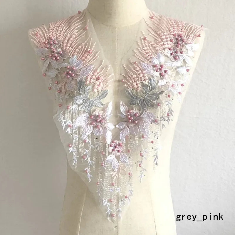Beaded 3D Flower Embroidery Patch Lace Fabric Applique