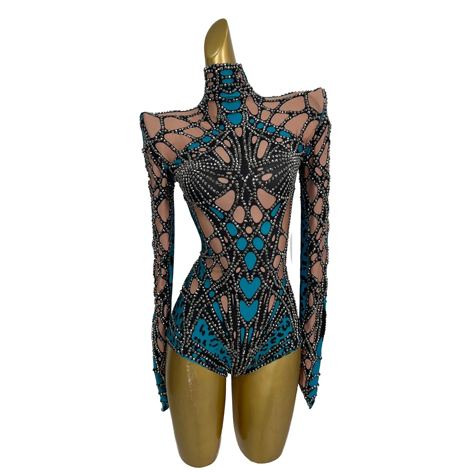Designer Long Sleeves Beading Rhinestone Bodysuit Photoshoot Carnival Party Outfits Women Rompers One Piece Short Jumpsuit