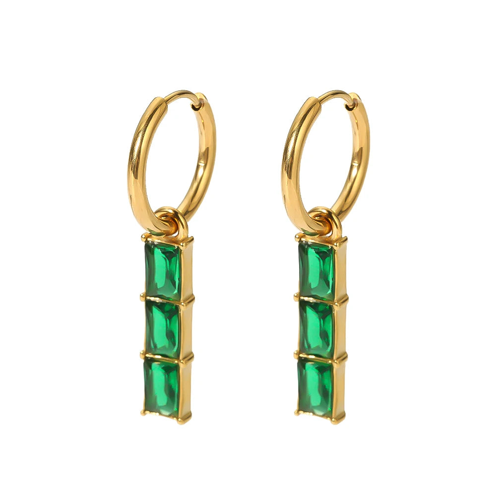 New Arrival Real Gold Plated Stainless Steel Vintage Shining Green Emerald Bamboo Shape CZ Zircon Earrings for Women