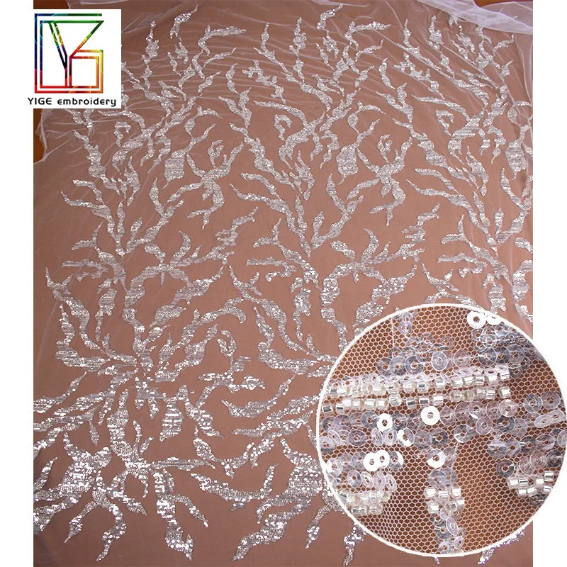 New Arrivals White Polyester Tulle Luxury Machine Beaded Fashion Sequins Embroidery Knitting Lace Fabric Wedding Dress