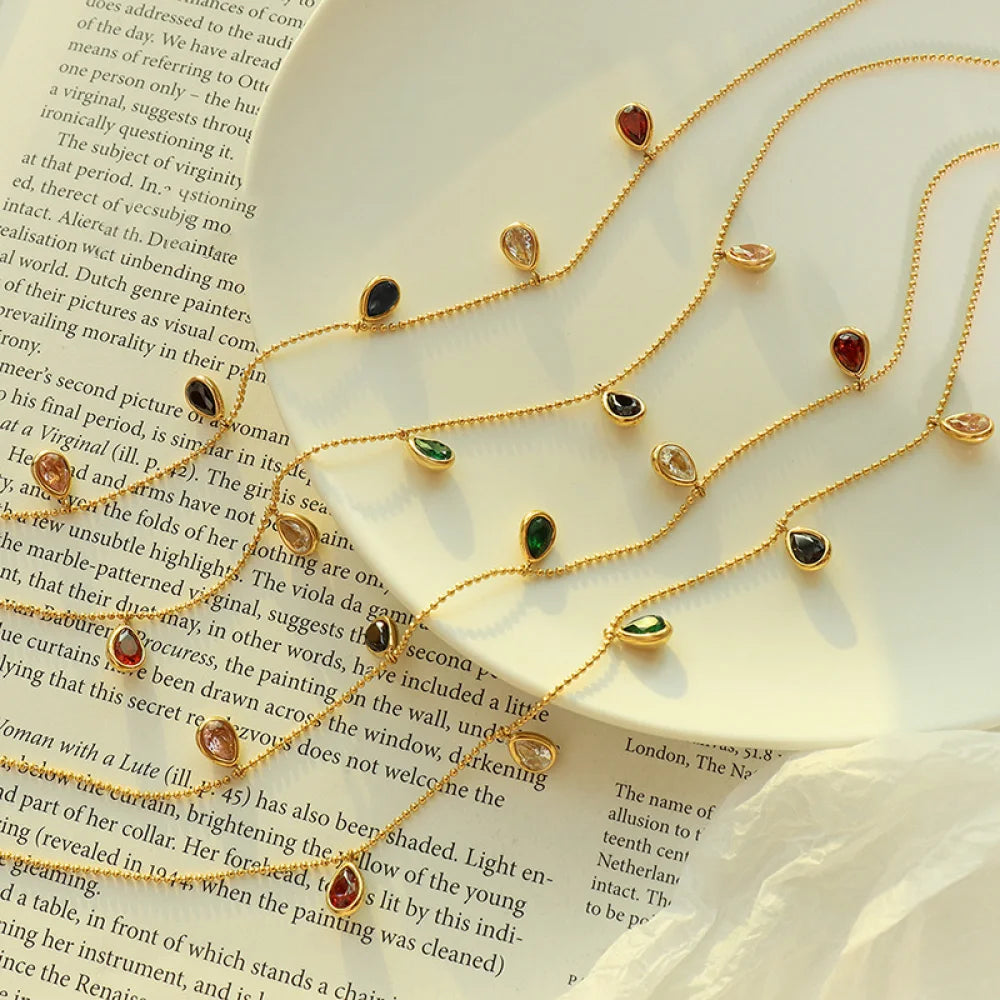 Tarnish Free Shinny Dainty Cz Teardrop Pendant Woman Diamonds Gold Plated Colorful Zircon Stone Necklace