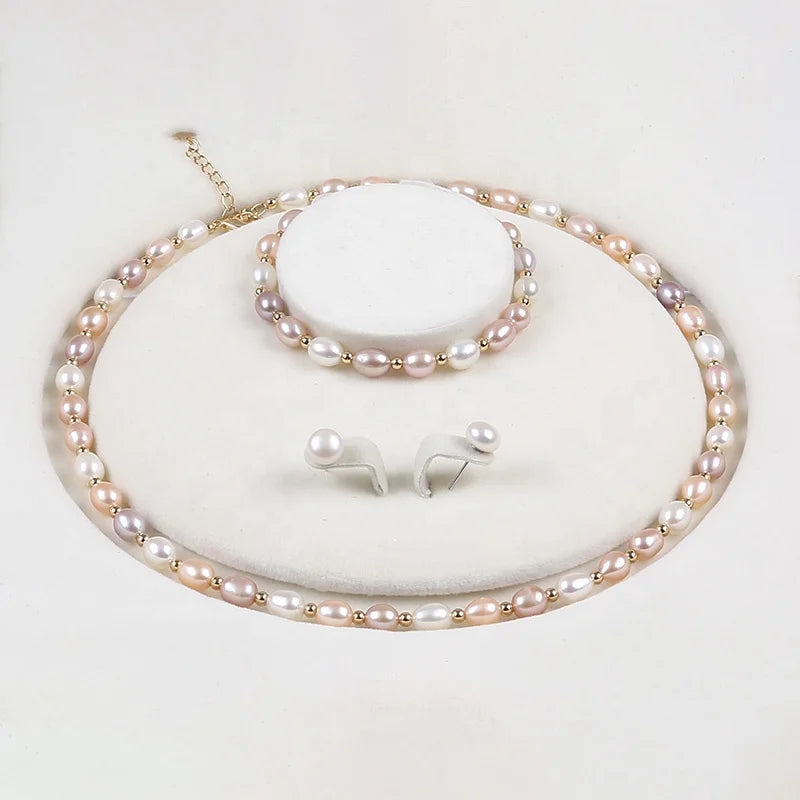 Classic White pink Purple Rice Shape Freshwater Pearl with Gold Bead Necklace Bracelet Button Pearl Earrings Jewelry Set