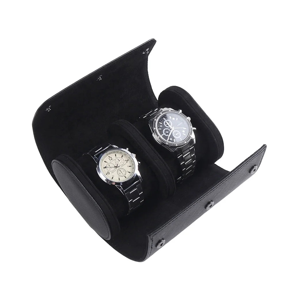 Factory Stock Luxury Travel Watch Box Case Handmade Black Saffiano PU Leather Portable Organizer Storage 2 Slots Protective Roll