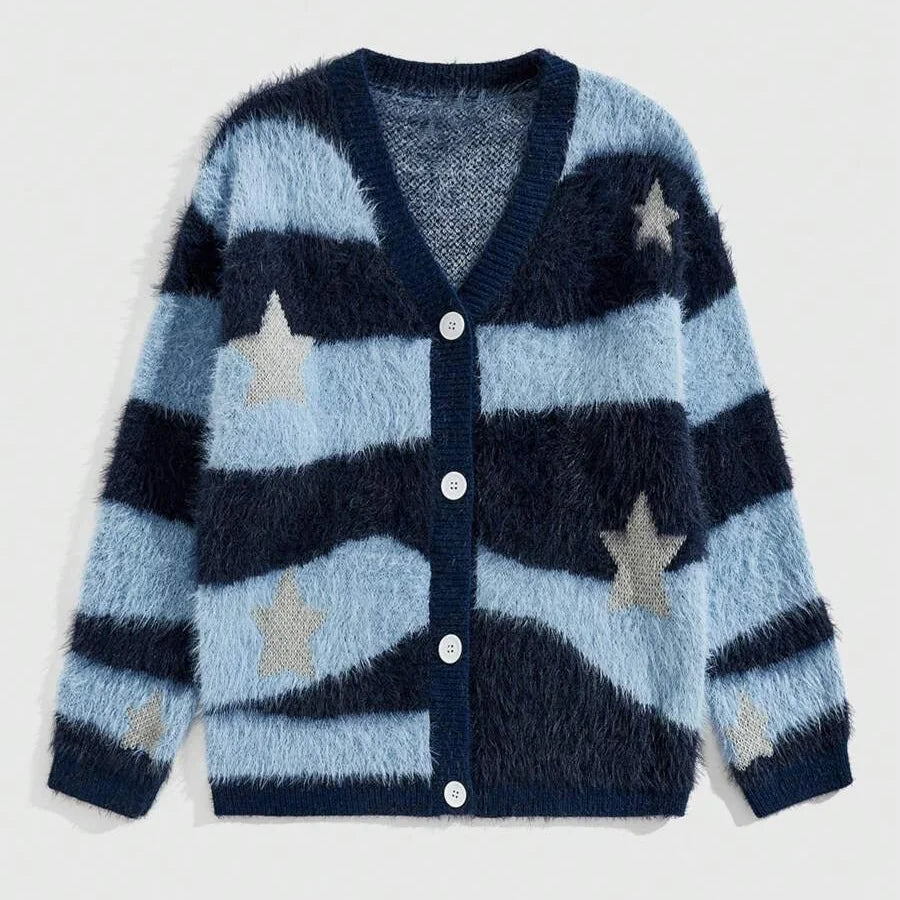 Custom Design logo Knitwear Knit Top Long Sleeve v Neck Fashion Casual Fuzzy Jacquard Knitted Men Mohair Cardigan Sweater