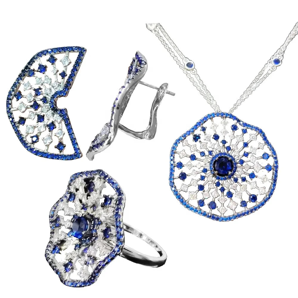 Luxury 925 Silver Wave Circle Design Italian Silver Blue Sapphire Women Necklace Rng Earrings Jewelry Sets 2022 for Party