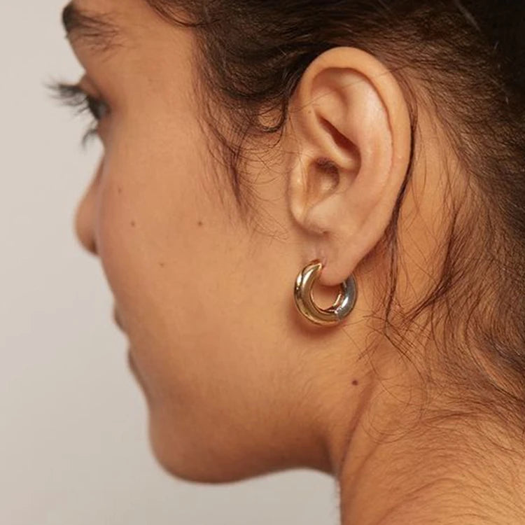 European Style 4mm New Design Simple 18K Gold Plated Stainless Steel Jewelry Gold Silver Double Color Plated Hoop Earrings