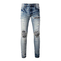 Wholesale Fashion Blue Pants Vintage Distressed Washed Stretch Slim Fit Pencil Ripped High Street Cotton Denim Summer Autumn