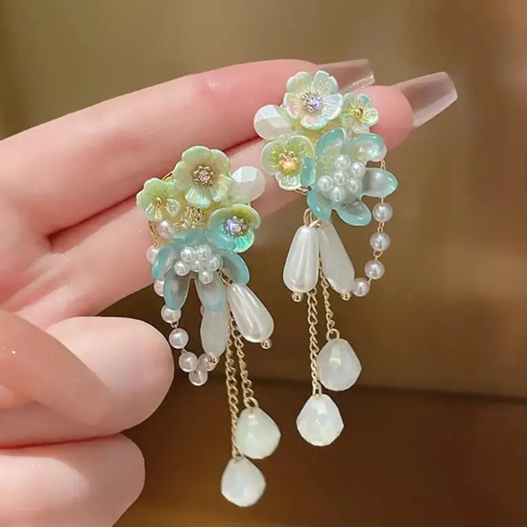 Elegant Oval Pearl Resin Flower Tassel Summer Earrings Beach Holiday New Fashion Jewelry Boho Green Crystal Flower Earrings 2022