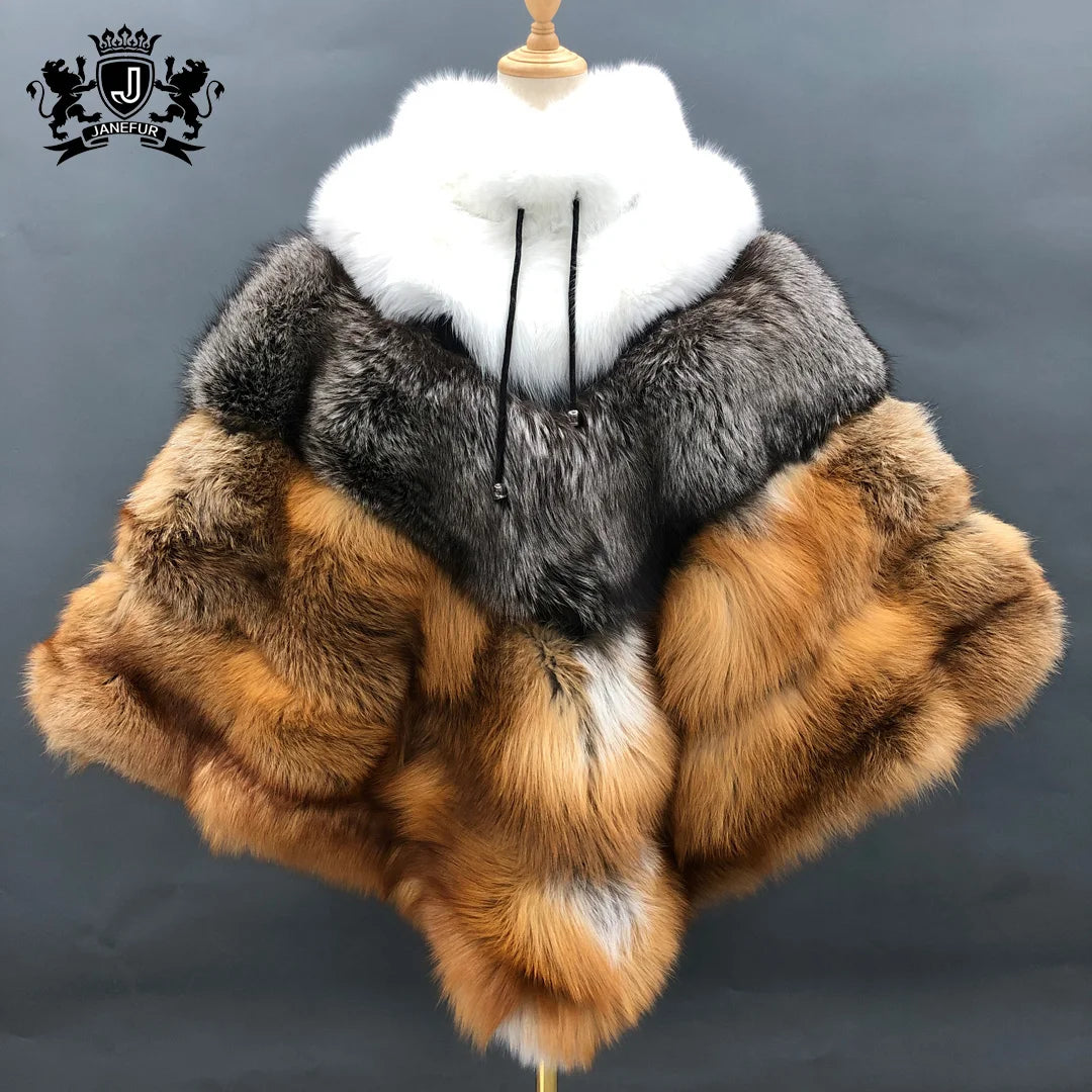 Wholesale Custom Women's Fur Shawl Fashion Elegant Winter Coat Real Luxury Fox Fur Cape Poncho