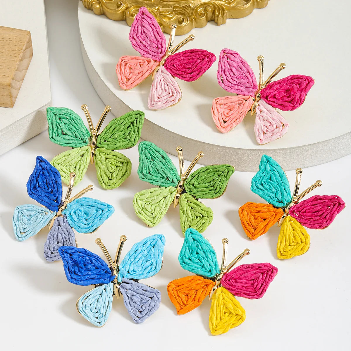 Summer Vacation Bohemian Colorful Raffia Dangle Earrings Fresh Handmade Knitted Flamingo Butterfly Fish Love Earrings