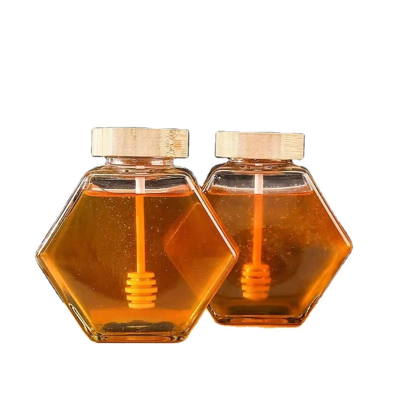 Wholesale Hexagon Glass Jar Jam Jar 100ml 220ml 380ml Honey Jar with Bamboo Wood Lid