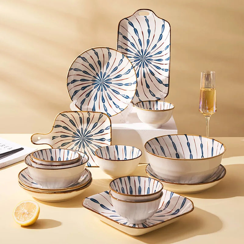 Japanese Style Tableware Ramen BowlCeramic Dinning Plate Set CheapPorcelain Dinnerware Sets Creative Pattern Series Tableware
