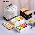Wholesale Custom Bamboo Lid 2-Layered Bento Box Cutlery Set Heatable Plastic Divided Food Kid-Friendly Wood Lid Lunch Box