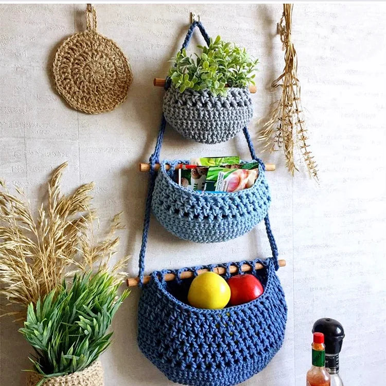 Y-Z Eco-Friendly Cotton Rope Boho Three-Layer Kitchen Decor Nordic Removable Fruit Net Pocket Hanging Storage Basket Vegetable