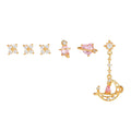 6pcs/set 925 Silver Stud Earrings with Heart Moon Design 18K Gold-Plated Pink Zircon Trendy Style for Wedding or Daily Use