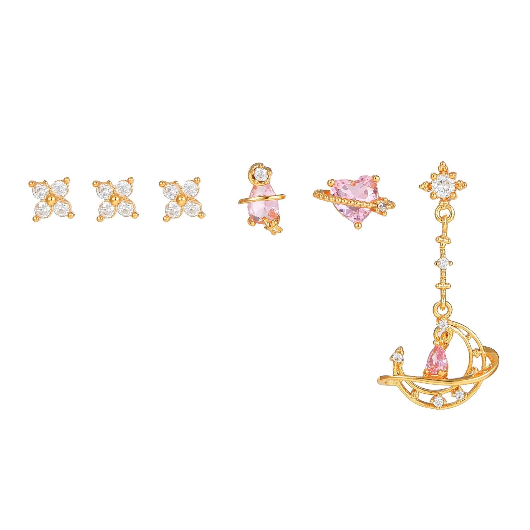 6pcs/set 925 Silver Stud Earrings with Heart Moon Design 18K Gold-Plated Pink Zircon Trendy Style for Wedding or Daily Use