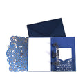 Wholesales Price Navy Blue 3D Laser Cut Tri-fold Pocket Wedding Invitation Greeting Card with Custom Main Card for Wedding Event