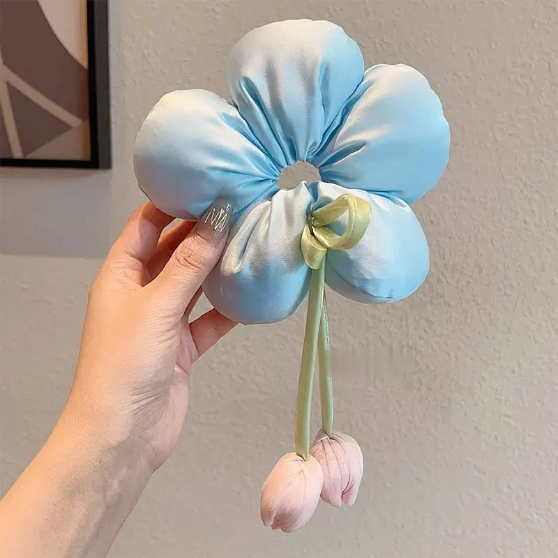 New Arrival Soft Satin Elastic Hair Ties Tulip Bow Ribbon Scrunchies Spring Floral Hair Accessories for Women and Girls