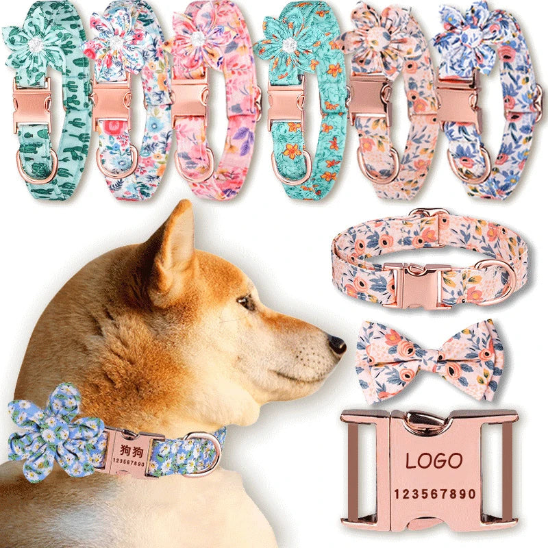 Custom Logo Lettering Cotton Pet Dog Cat Collar Leash Set Adjustable Metal Buckle Luxury Flower Plaid Pet Dog Leash Collar