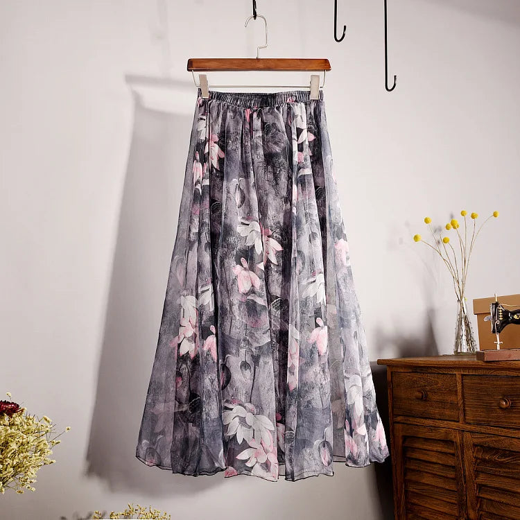 Summer Fashion New Vintage Beach Skirt Bohemian Skirt Printed Chiffon Half Length Skirt