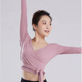 Hot Sale Cotton Spandex Modal Long Sleeve Wrap Shirts With Tie Yoga Gym Dancing Crop Top for Women