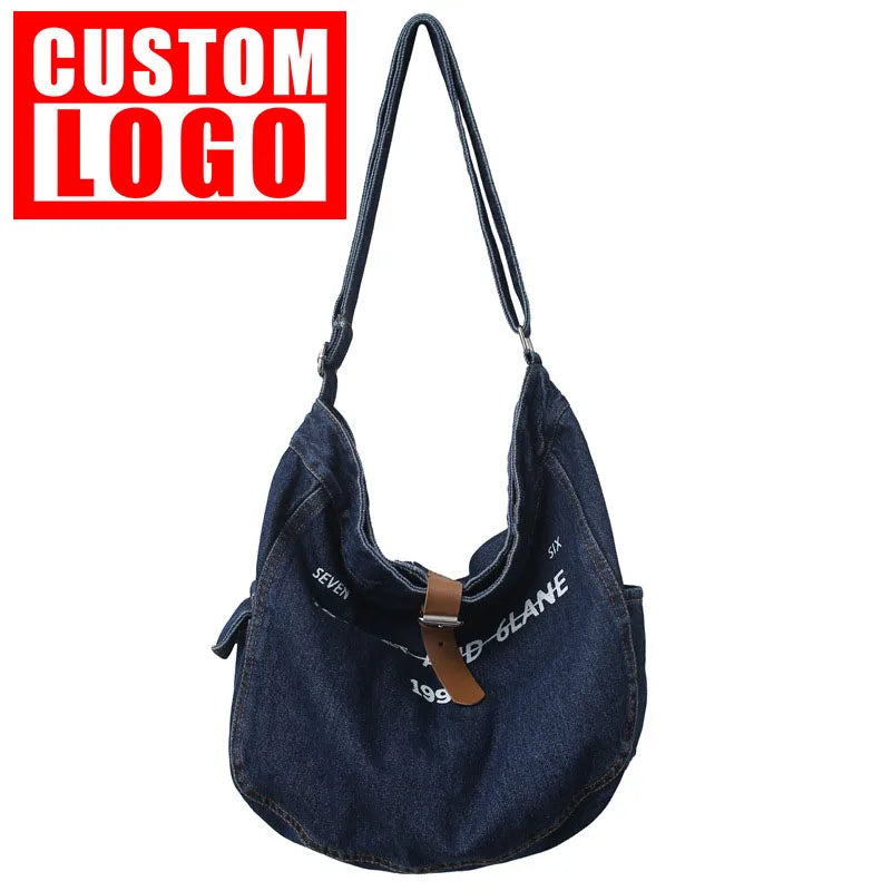 Custom logo Large Capacity Denim Canvas Bag Fashion Casual Lazy Tote Bag Student Shoulder Bag
