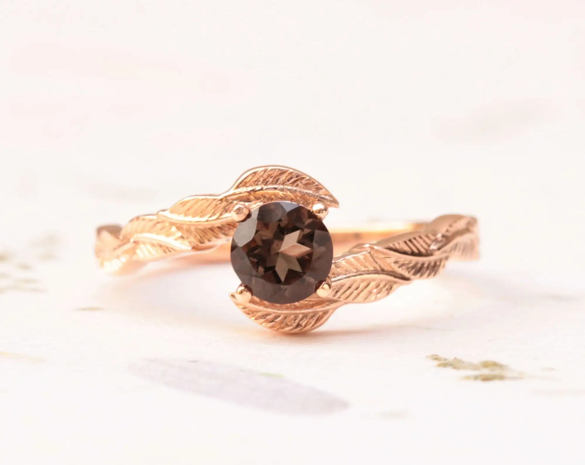 Smoky Quartz Leaf Engagement Ring Nature Tree Bark Inspired Ring Alternative Engagement Ring