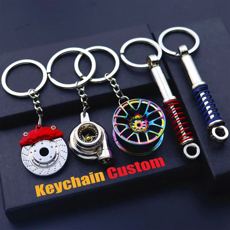 Metal Car Keychains Wholesale Auto Parts Wheel Hub Brake Disc Turbo Shock Absorber Keychain Creative Gift for Car Enthusiast
