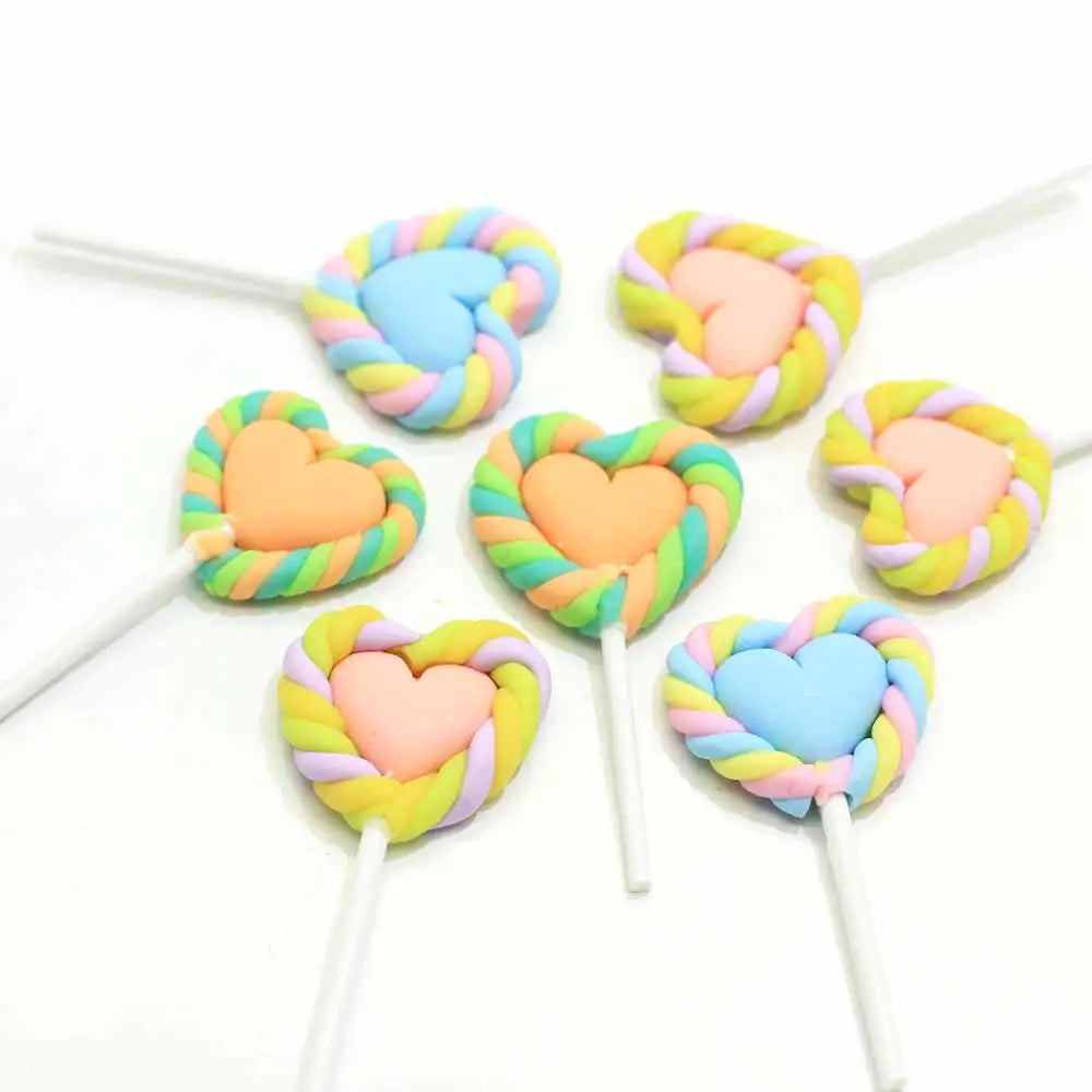 Miniature Polymer Clay Heart Lollipop Candy Cabochons Valentine's Day Lollipops Slime Charms for Decorations