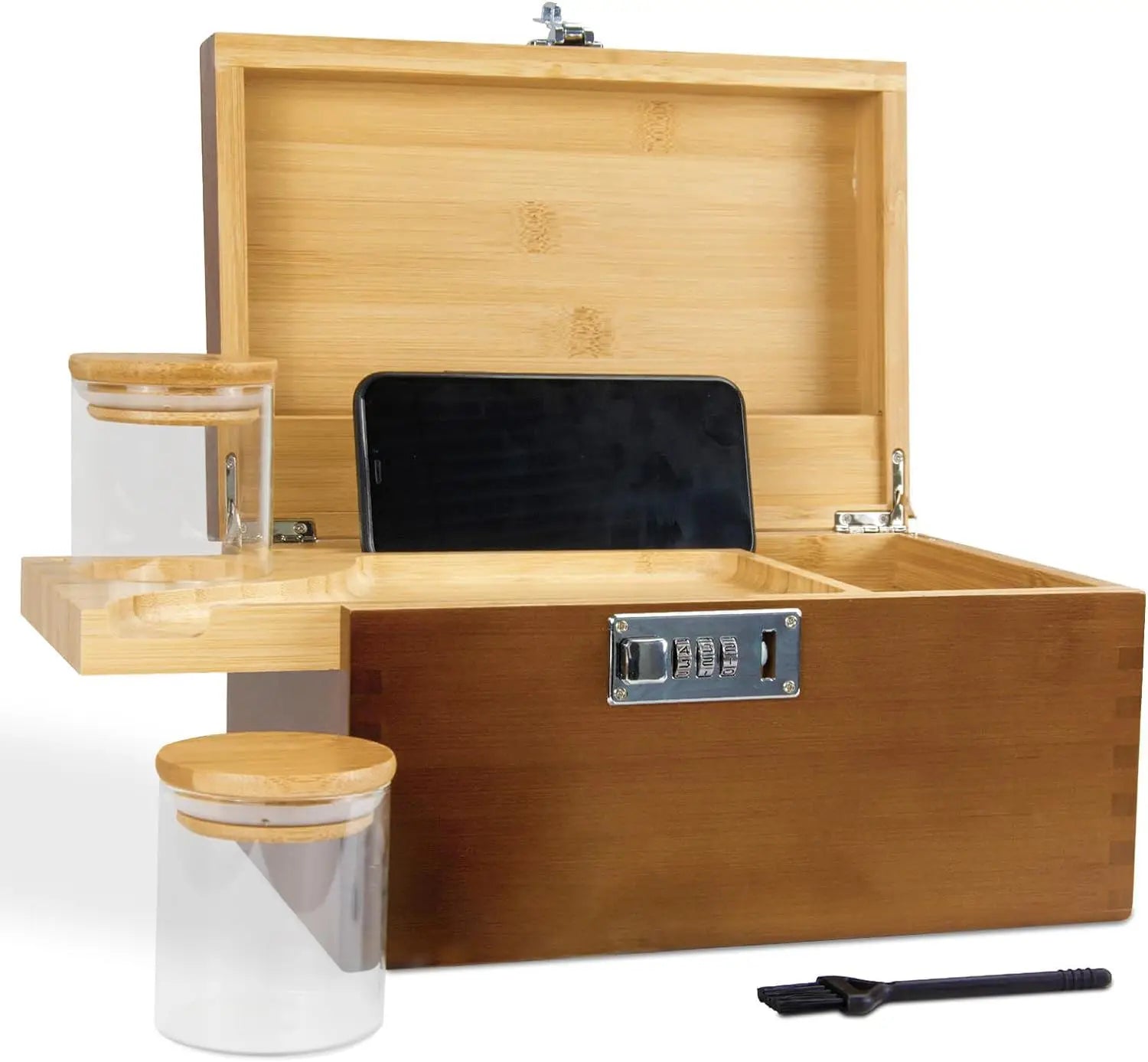 Wood Stash Box Combination Lock Smell Proof Bamboo Storage Box Tray Set with Smoking Accessories Kit