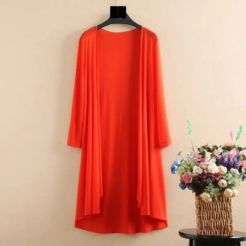 Autumn and Summer Extended Cardigan Women's Shawl Sunscreen Long-sleeved Thin Coat XL-5XL