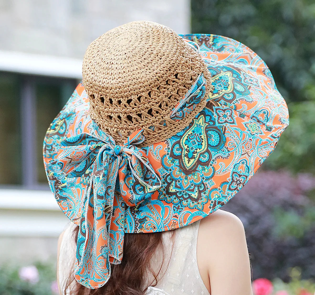 Summer Hand Crochet Paper Straw Bucket Hat Flower Print Floppy Anti UV Resort Travel  Lady Beach Sun Hat Women Straw Hat