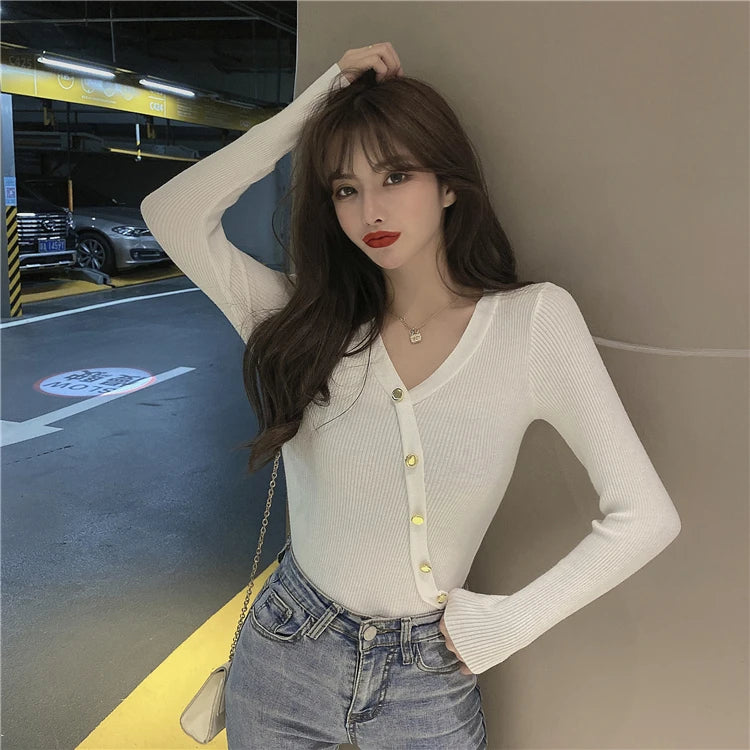 Autumn/Winter Women Sweater V-neck Long Sleeve Slim Knit Sweater Bottom Shirt