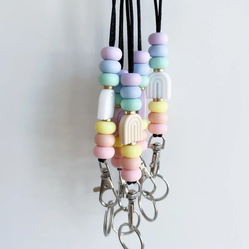 Boho Rainbow Modern Teacher Lanyards for ID Badge Macaron Color Silicone Beads Lanyard Keychain for Women