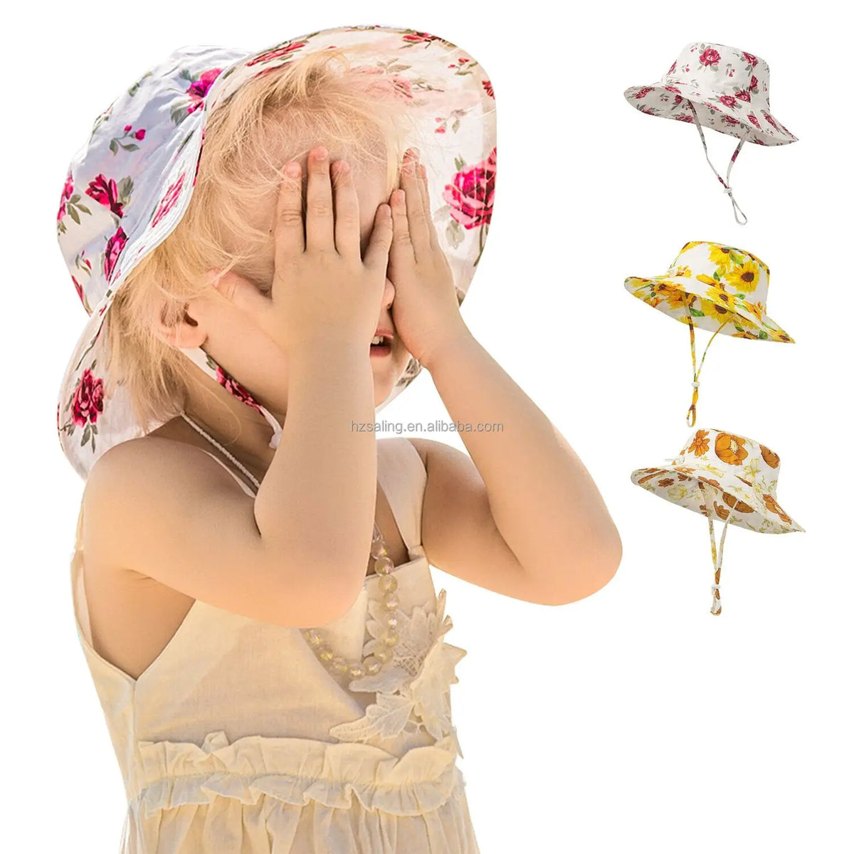 Baby Toddler Unisex Image Sun Protection Cotton Flower Bucket Hat with Chin Strap Adjustable Wide Brim Casual Fishing Party