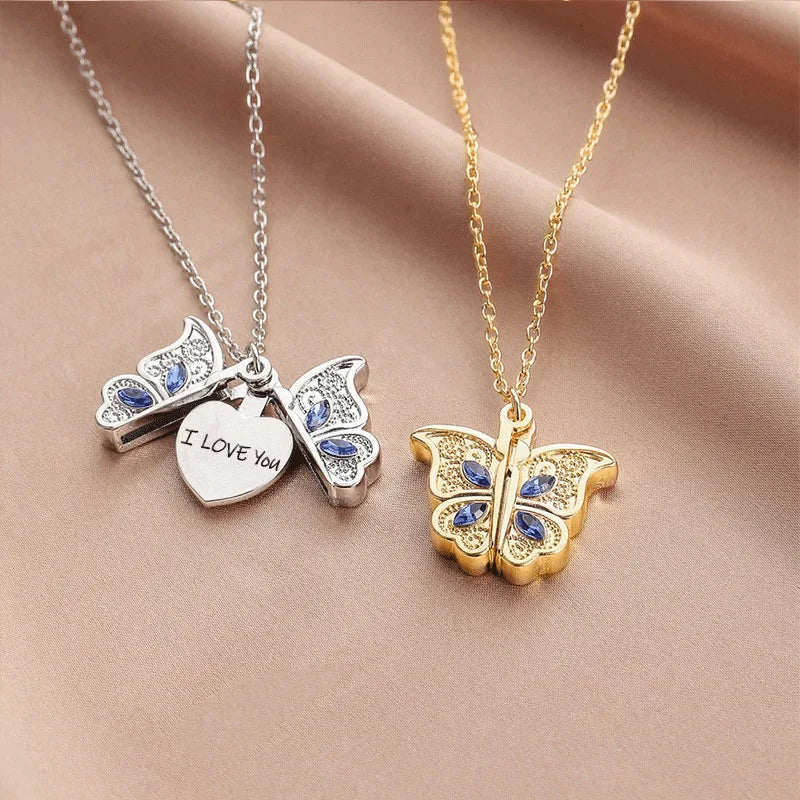 SC Exquisite Trend I Love You Love Album Box Pendant Necklace Zircon Butterfly Heart Openable Necklace for Women